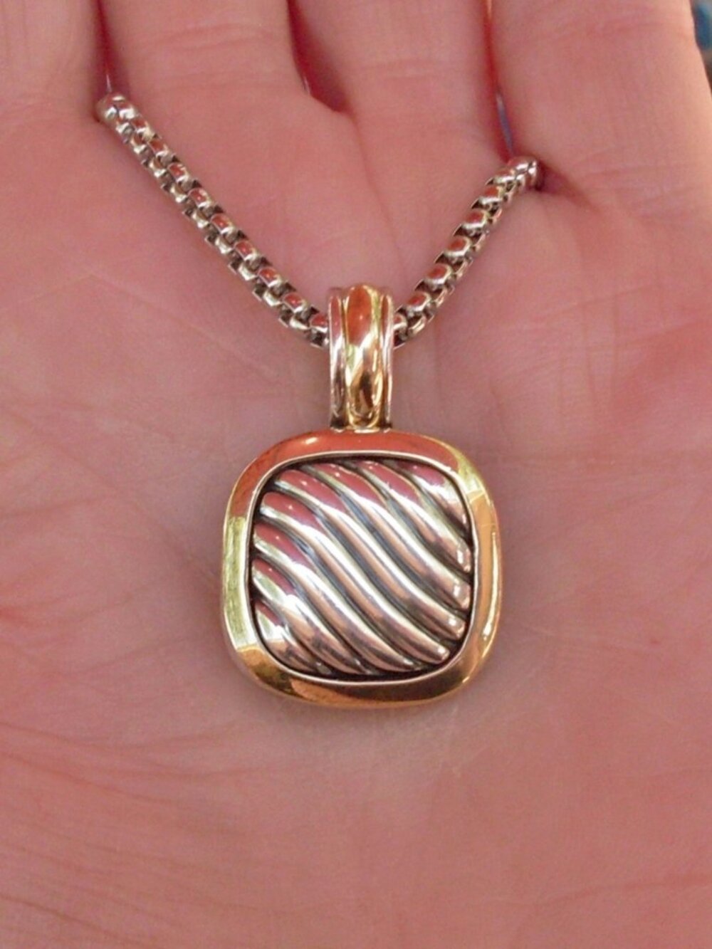 Retired David Yurman Square Waverly Enhancer Pendant w/Chain - 18K/925